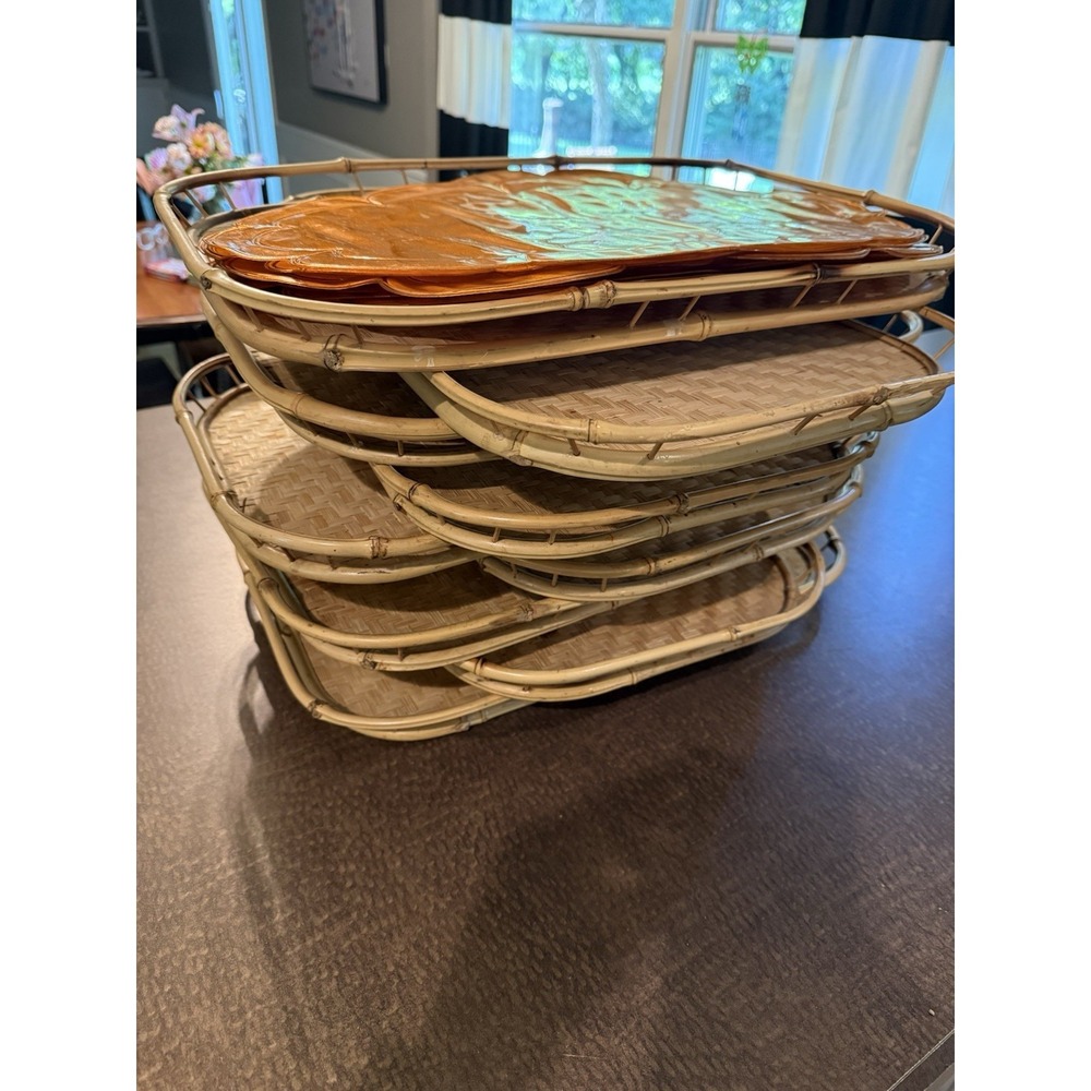VTG 70s BOHO Set Of 9 MCM Serving Lap Trays W/7 Orange Placemats Tiki Bar 19x13